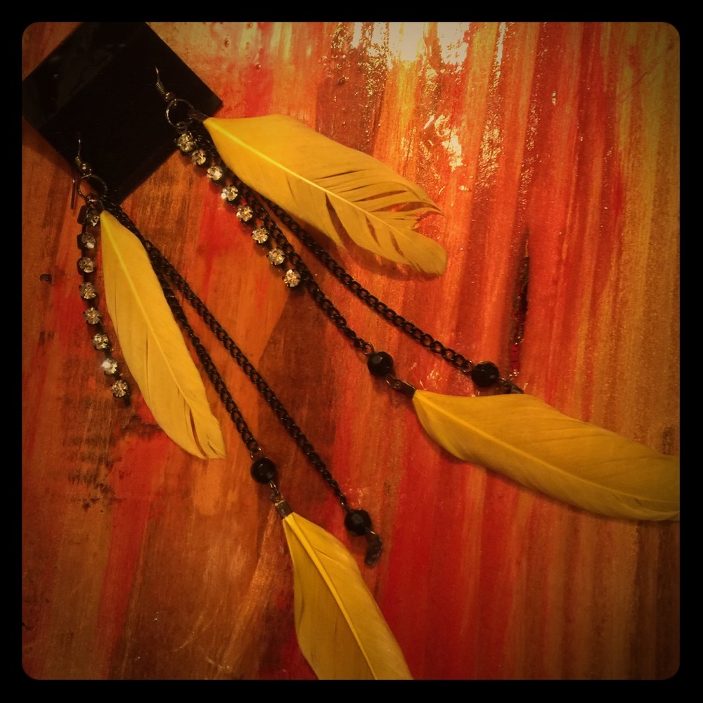 Black & Yellow feather earrings with rhinestones